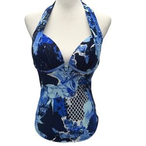 HAPARI Women's Medium 8-10 Blue Floral‎ Swim Tankini Halter Top Padded Underwire